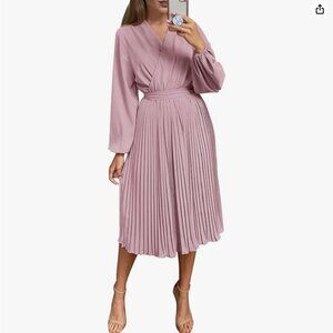 PRETTYGARDEN Spring Midi Long Puff Sleeve Wrap V Neck Flowy Fall Dress (Pink, M)